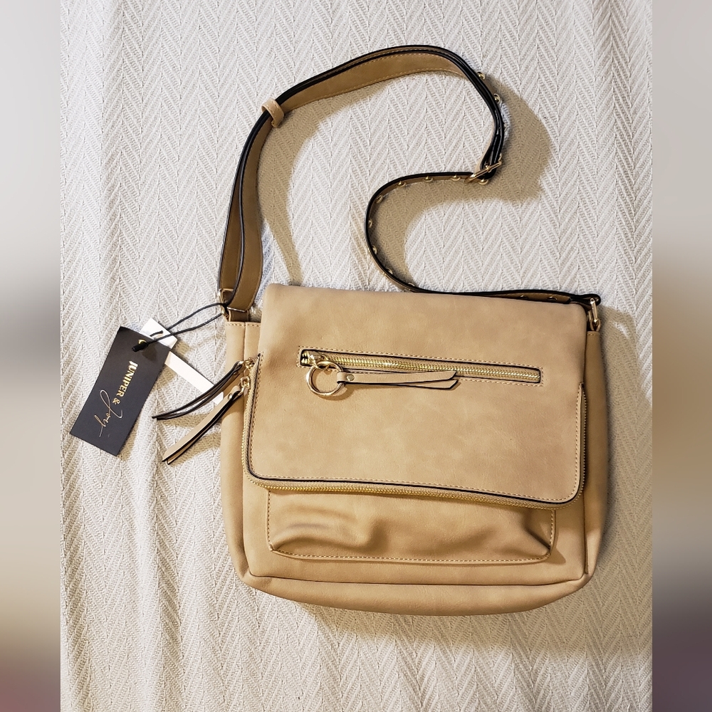 Stylish Tan Crossbody Bag with Gold Accents